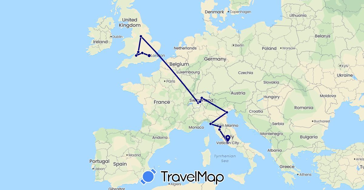 TravelMap itinerary: driving in Switzerland, United Kingdom, Italy (Europe)